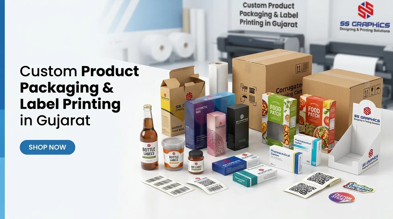 Custom product packaging boxes and printed labels designed and printed by SS Graphics in Ankleshwar for retail, food, pharmaceutical, and industrial products.