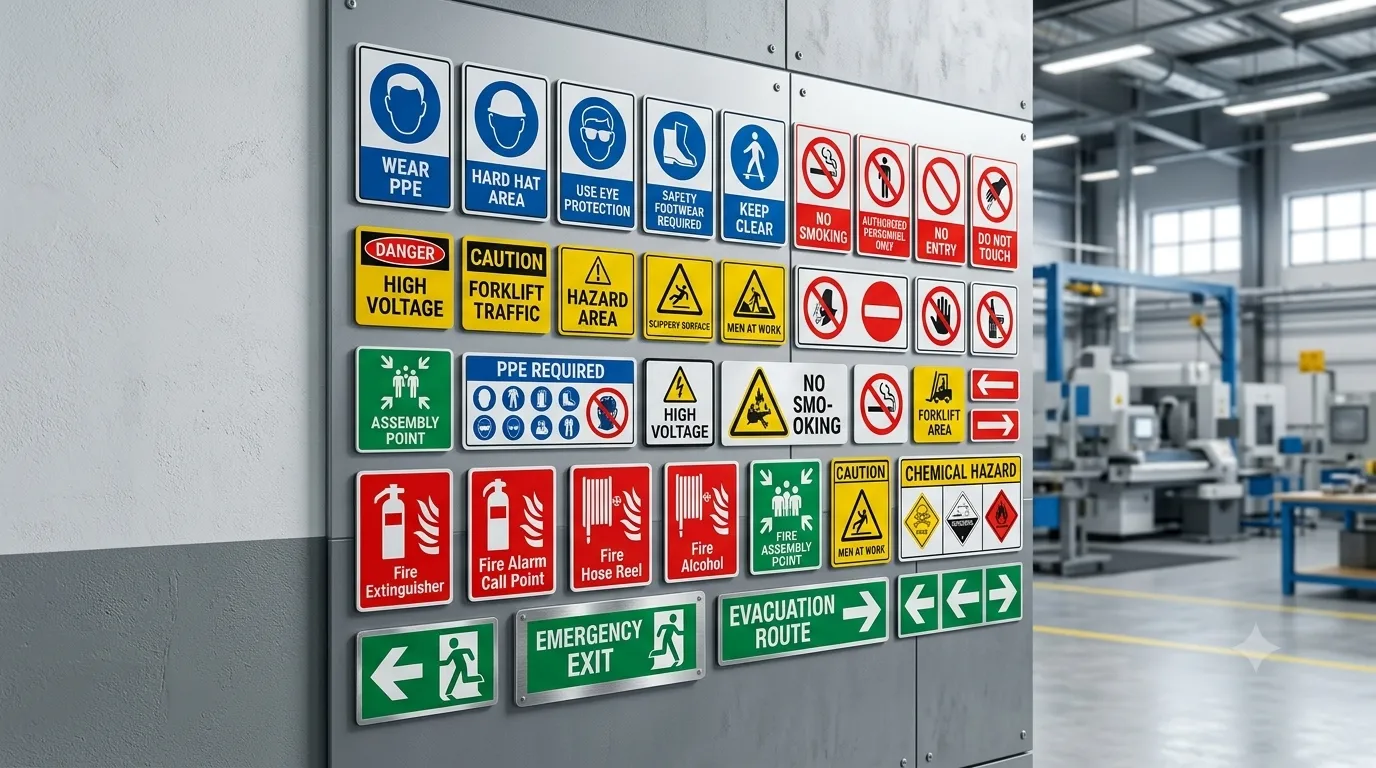 Industrial safety sign boards and factory signage printing by SS Graphics in Ankleshwar, Gujarat, including warning signs, mandatory signs, fire safety signs, and directional boards.