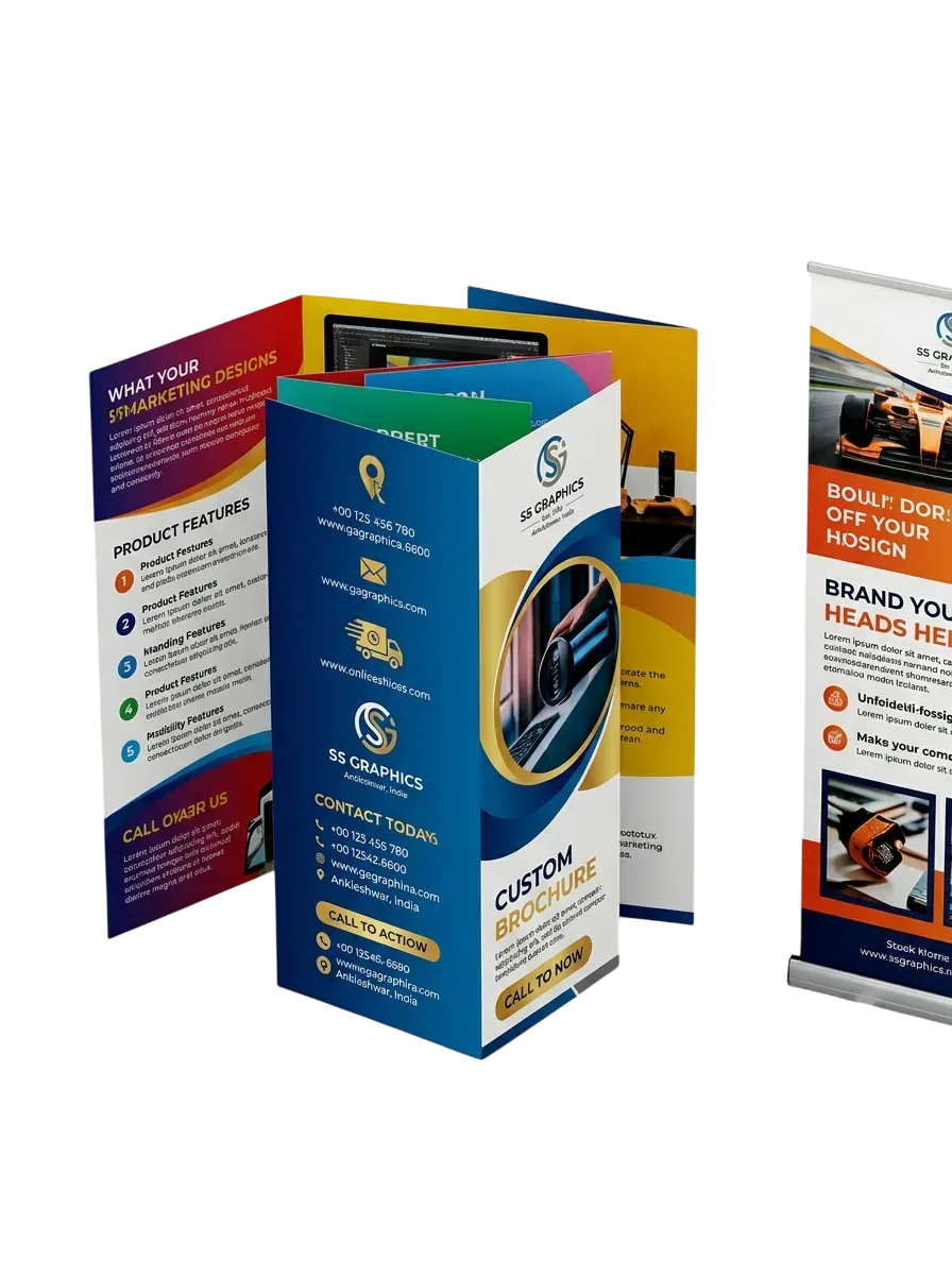 Vibrant tri-fold marketing brochures and custom roll-up flex banners printed for business promotions and events by SS Graphics.